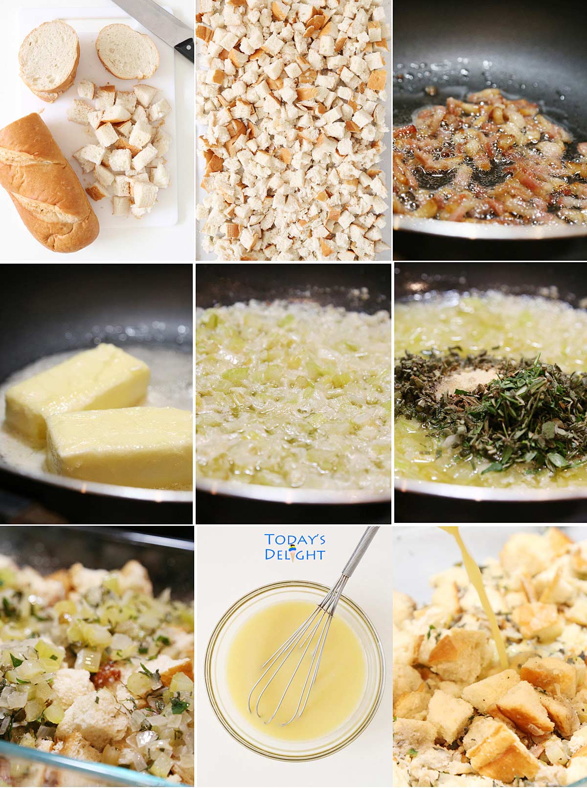 9 images showing steps to make this easy stuffing recipe.