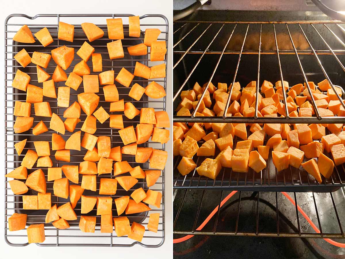 Cubed sweet potatoes on a wire rack with pan underneath and placed in the oven.