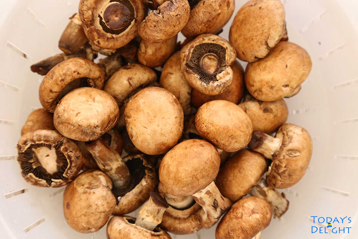 Baby Bella mushrooms in a colander.