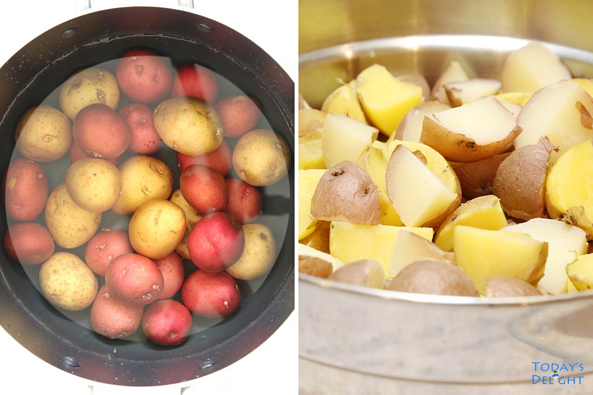 Two and half pound of red and yellow baby potatoes boiled in water then cut into bite-size pieces.