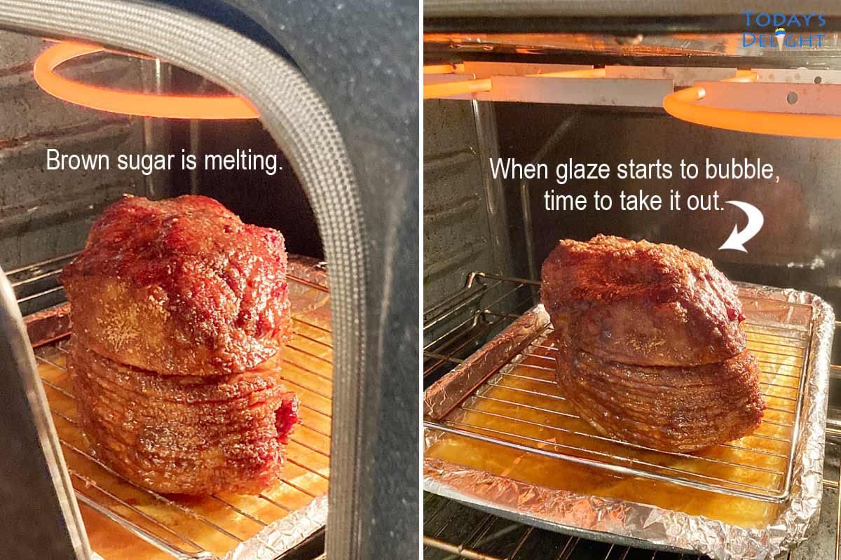 Ham with brown sugar honey glaze is broiled for 3 to 4 minutes.