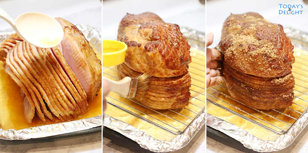 Baste ham with pineapple in pan, brush with honey and brown sugar.