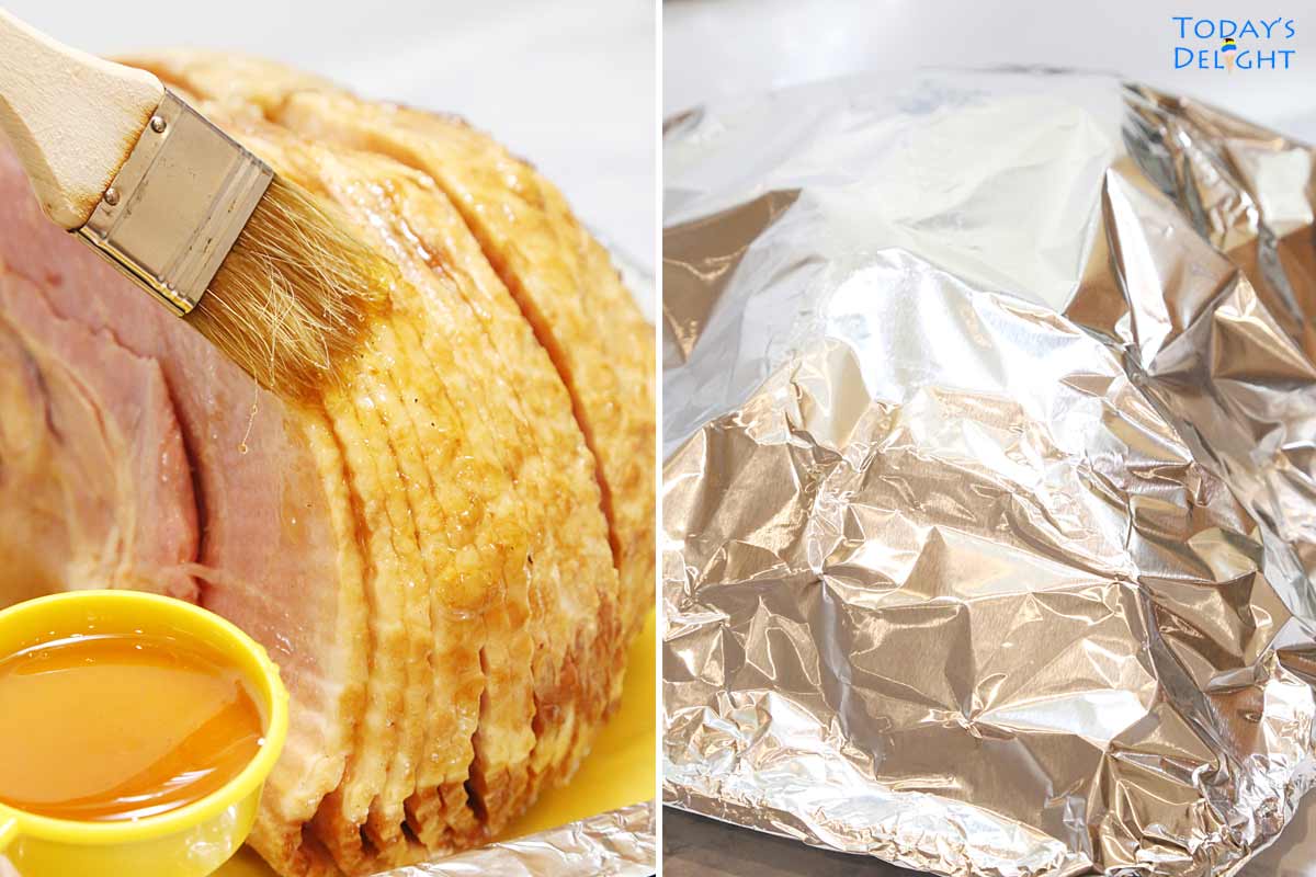 Ham brushed with honey and covered with foil.