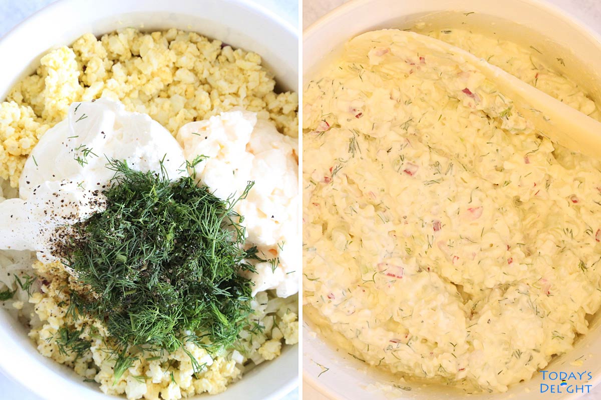 Potato salad with sour cream and dill and other ingredients except for bacon and potatoes combined and mixed in a bowl.