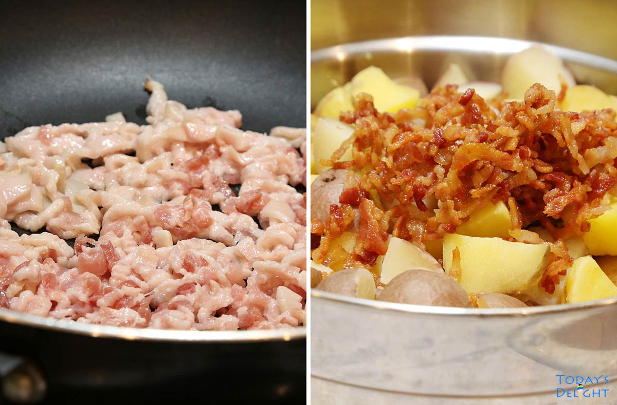 Bacon cut into narrow thing strips added to bite-sized potatoes.