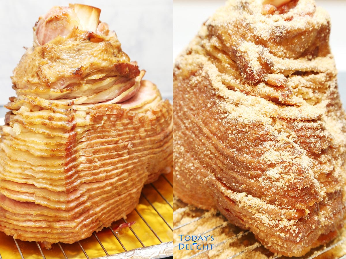 Ham warmed in the oven then glaze is applied before broiling.