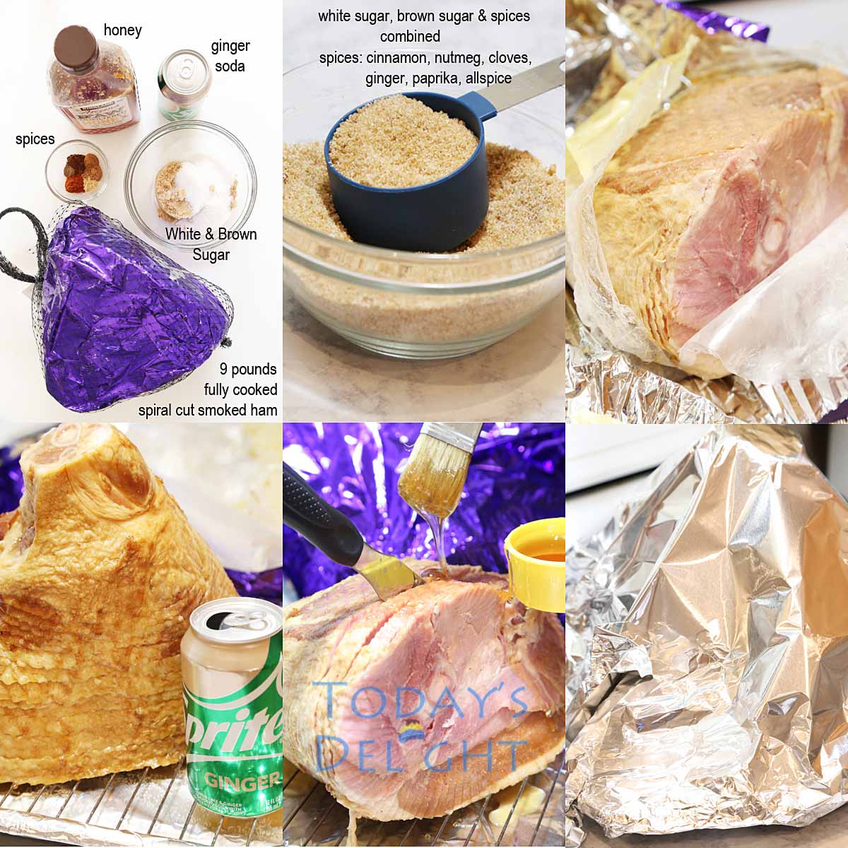 Images showing spiral cut ham ingredients and preparing ham with honey before warming.