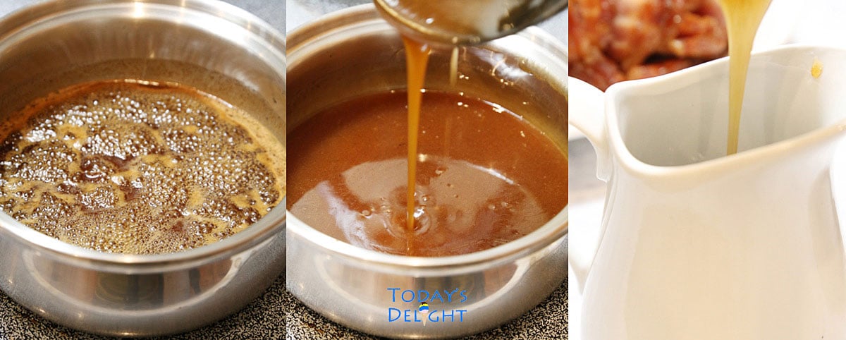 Making ham sauce in a sauce pot until syrupy and transferred to a sauce pitcher.