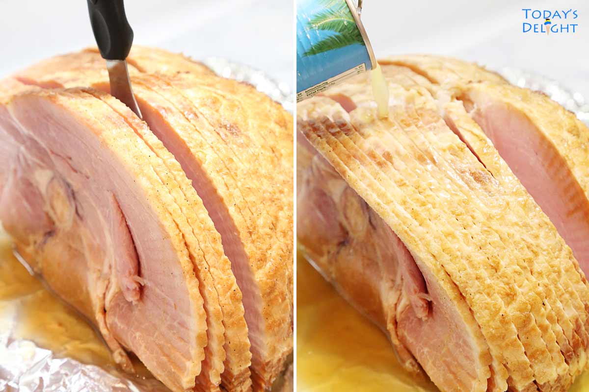 Slices separated with spatula and pineapple juice poured between slices.
