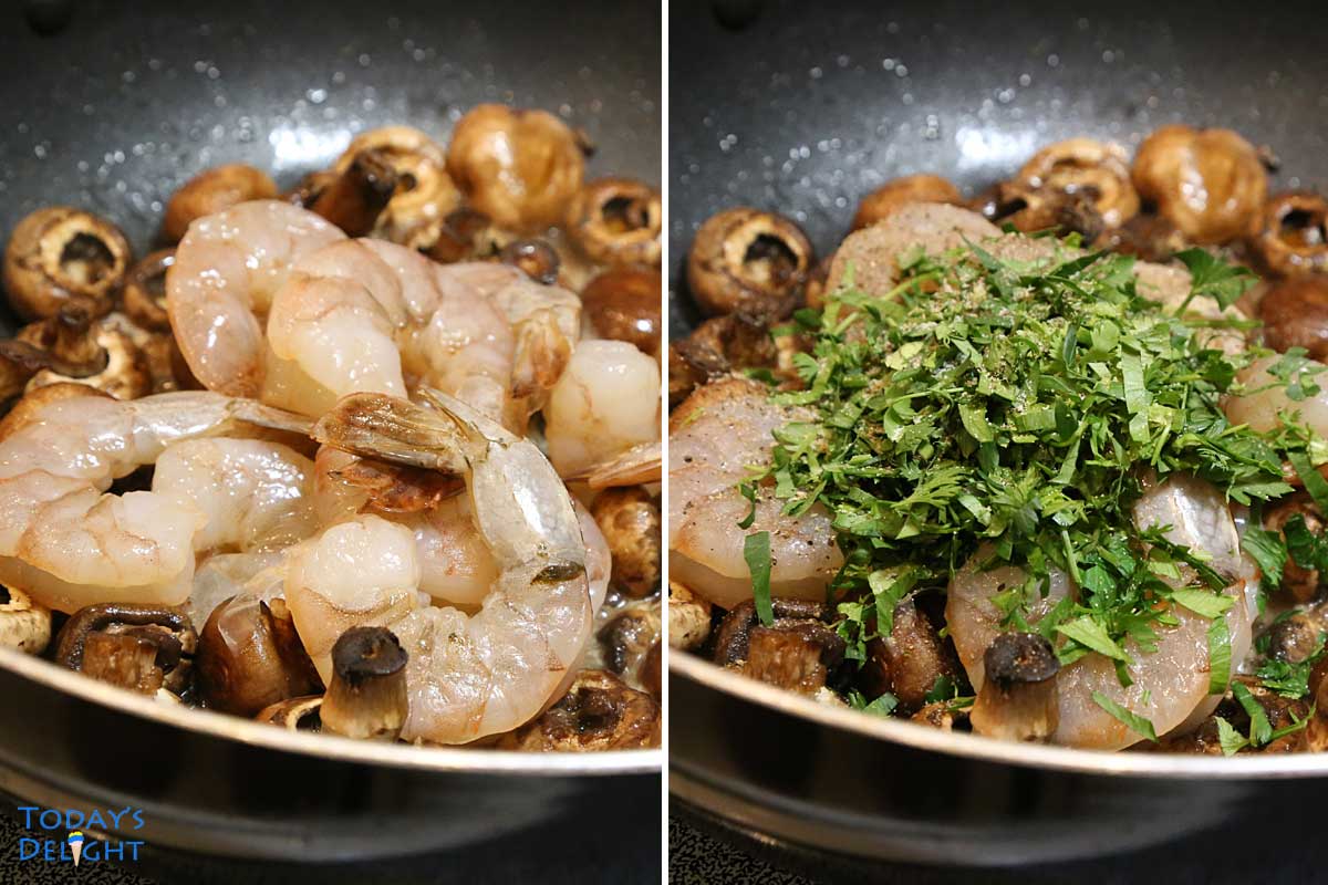 Raw shrimp and mushroom mixed with fresh cilantro and parsley.