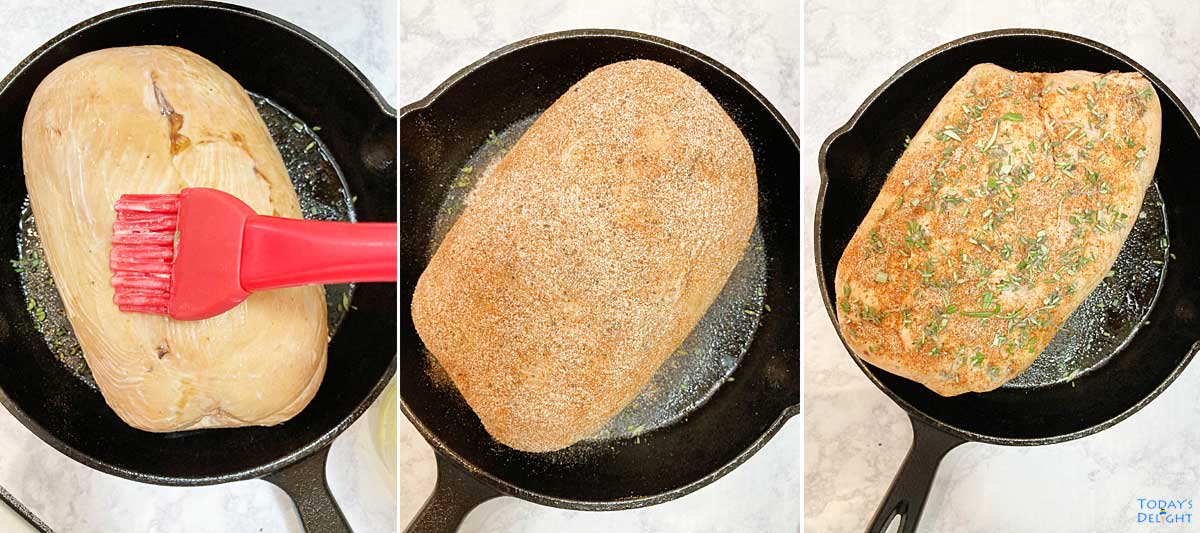 Steps to prepare boneless skinless turkey breast, brush butter and apply seasonings and herbs.