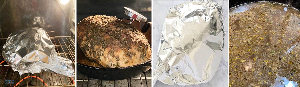 Steps to roast boneless turkey breast with and without foil and making gravy from drippings.