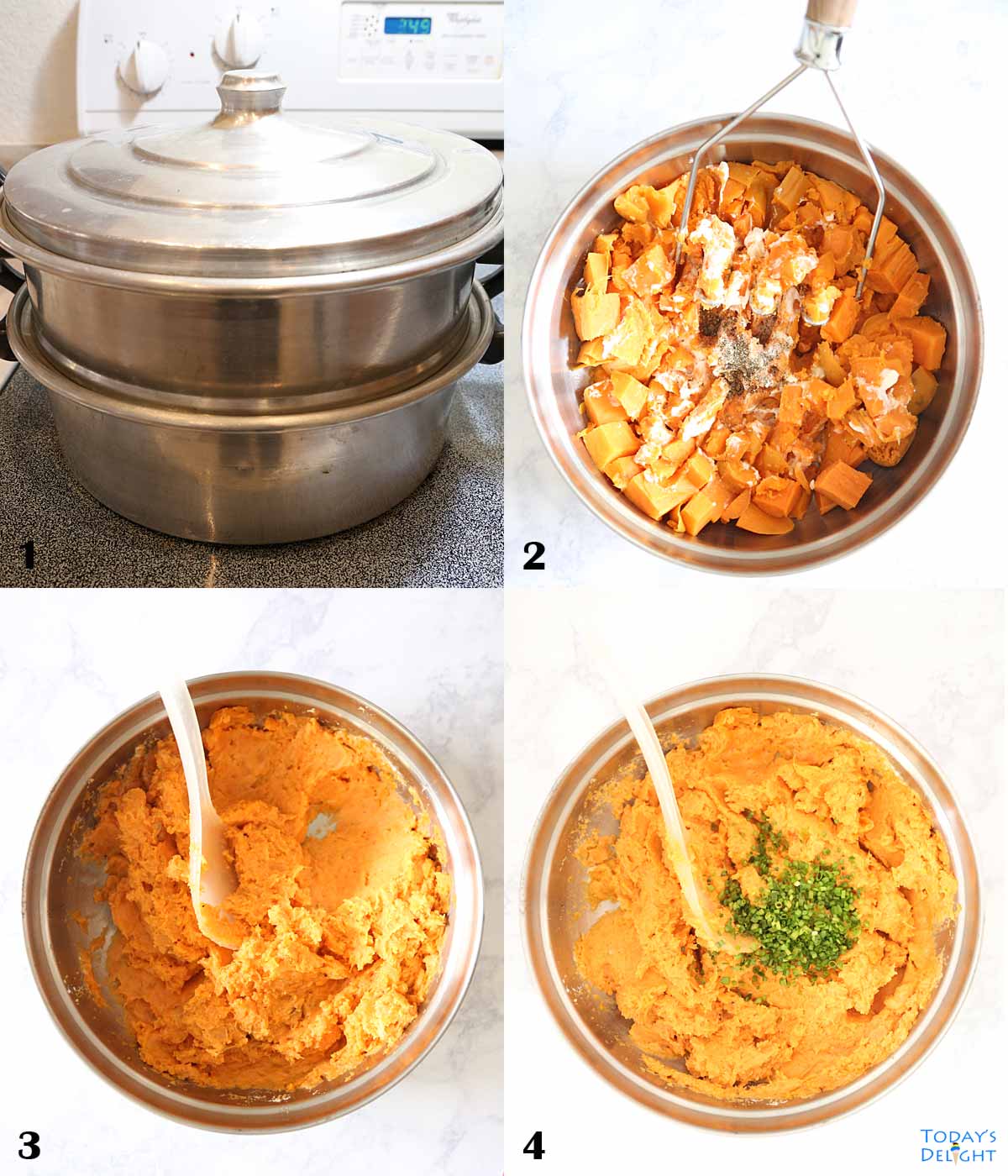 Four images showing the steps to make mashed sweet potatoes recipe.