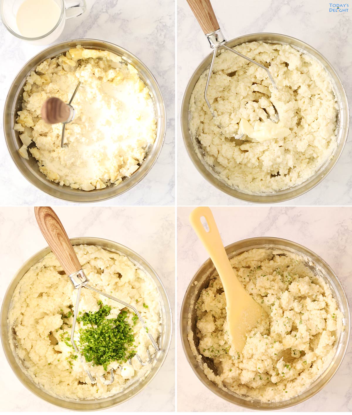 Four images showing a step by step to make this easy mashed potatoes recipe.