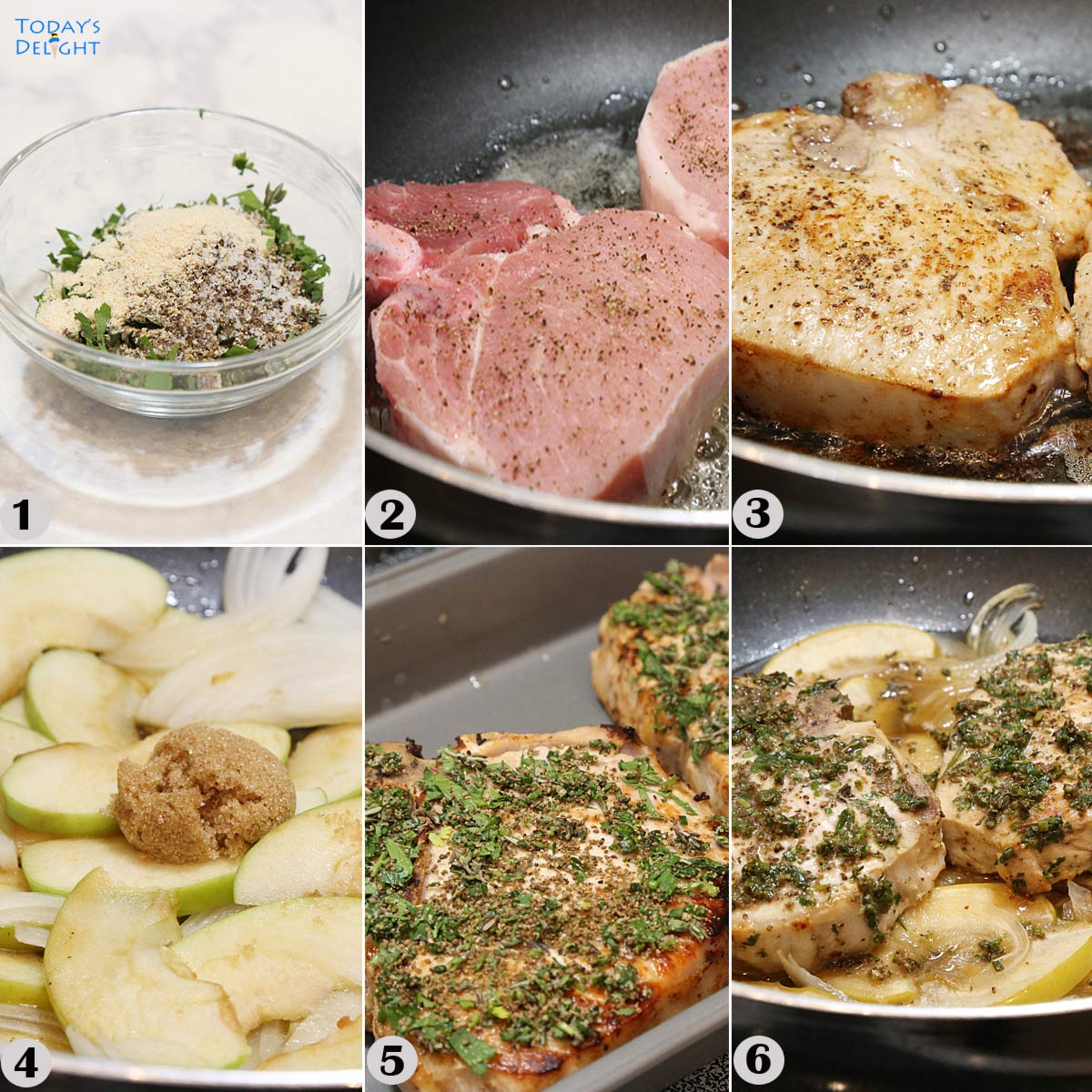 Six step showing how to make pork chops with apples and onions recipe.