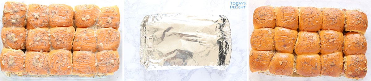 Sliders in pan covered with foil and baked.