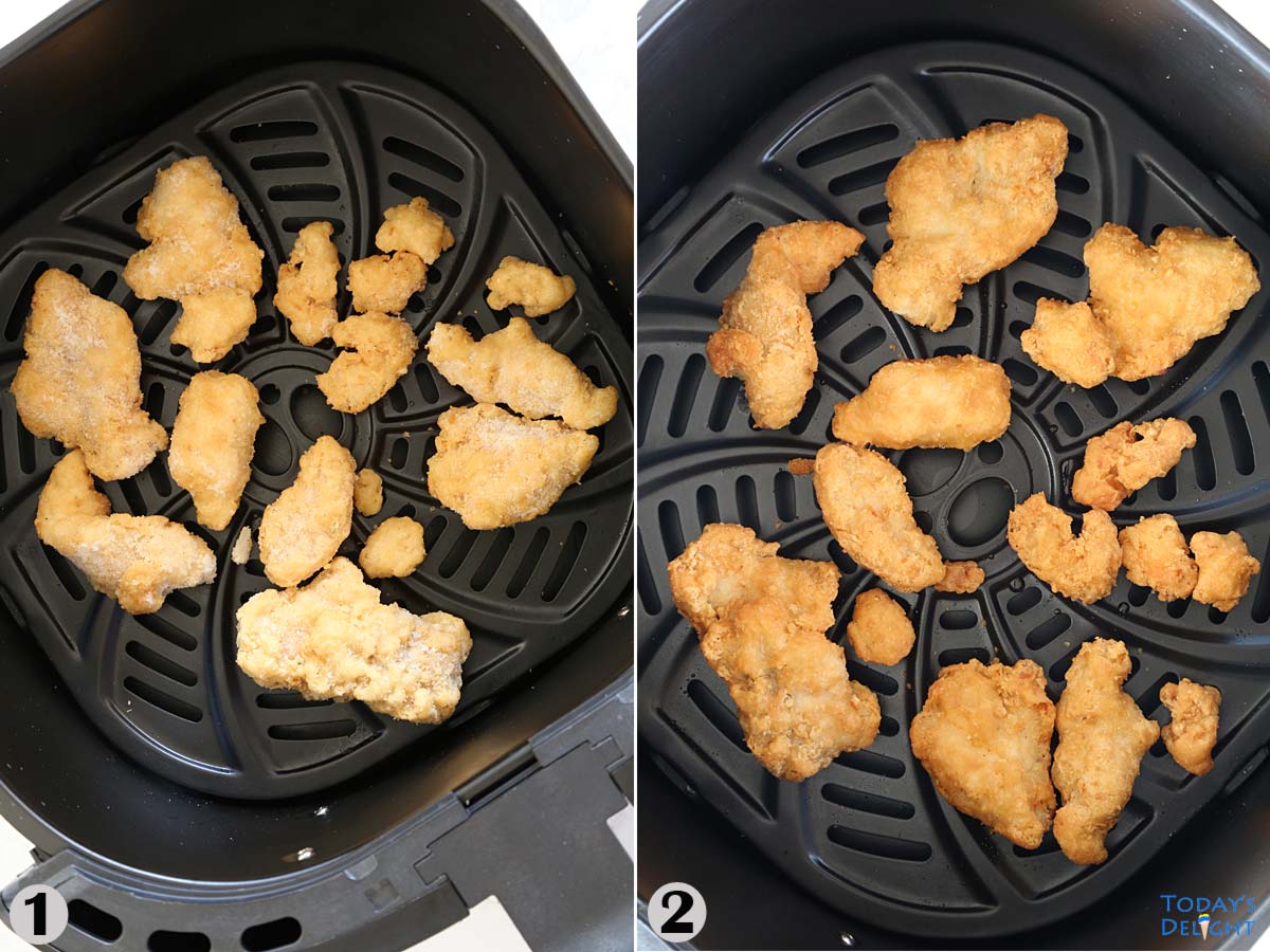 One serving of frozen orange chicken in air fryer for 10 minutes.