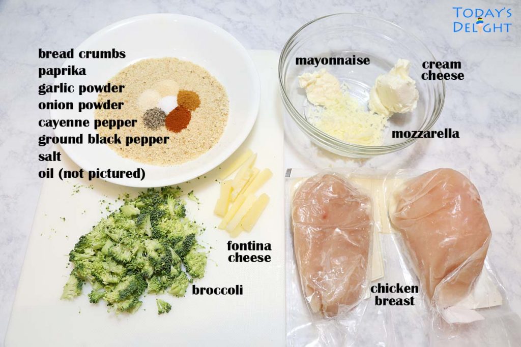 Ingredients to make stuffed chicken breast with broccoli and cheese.
