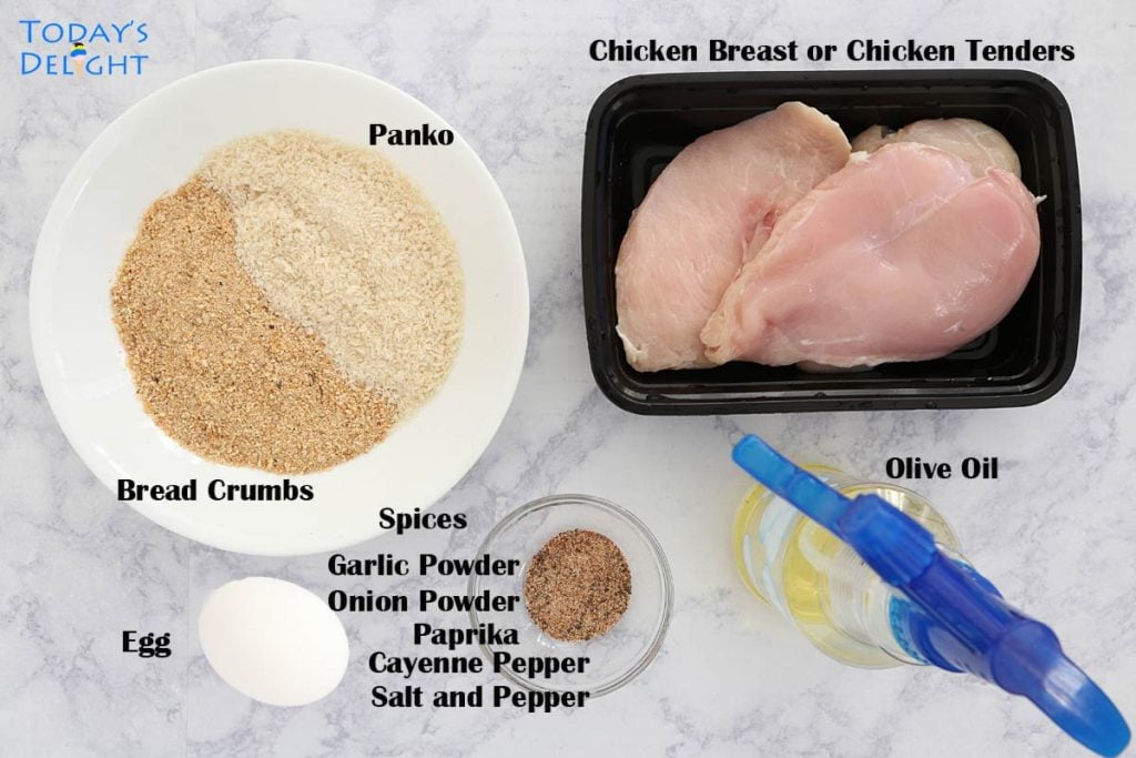 Ingredients to make chicken tenders in air fryer.