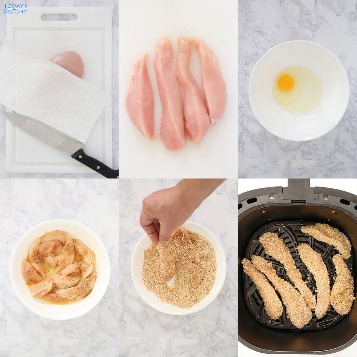 Six images showing how to make chicken tenders.