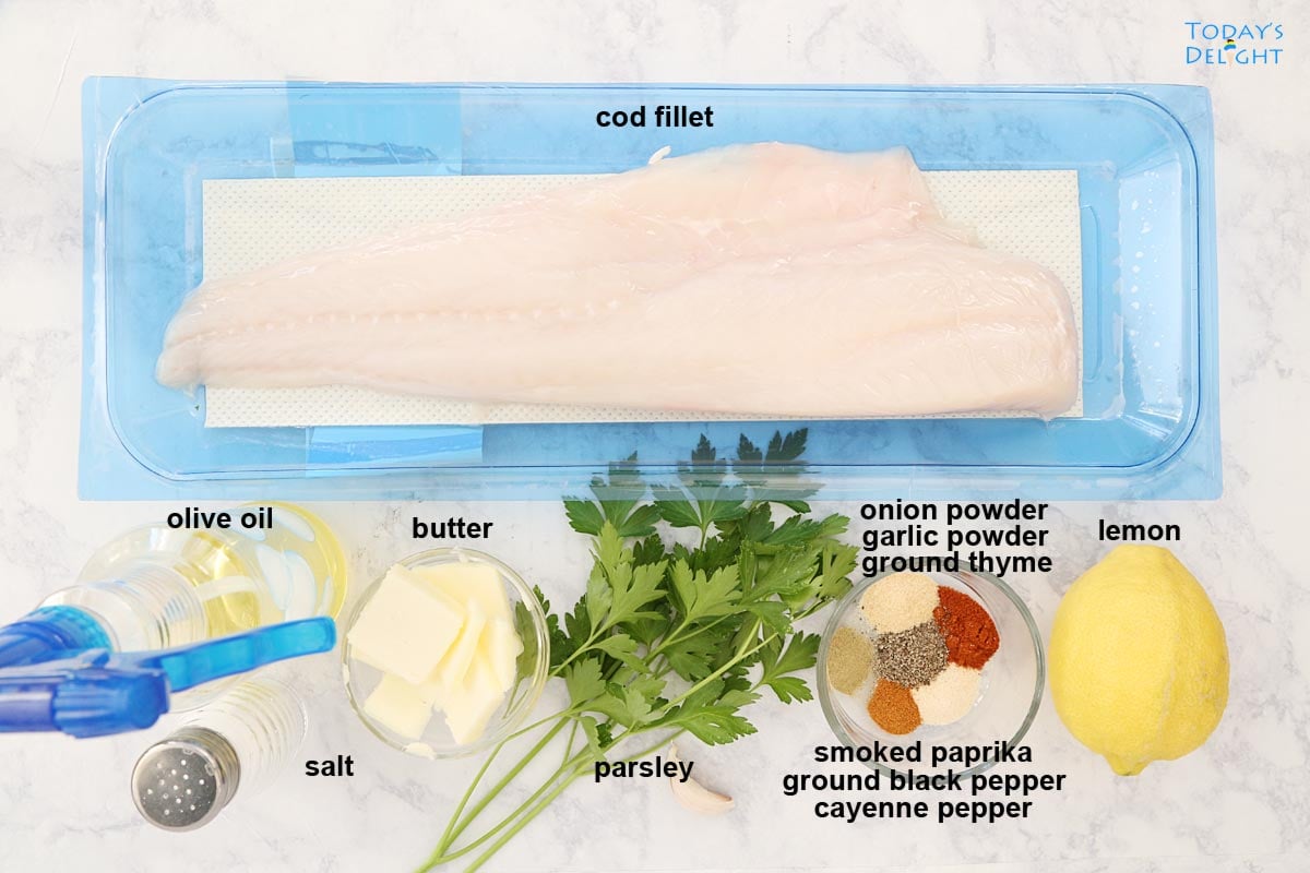 Ingredients to make garlic butter baked cod recipe.