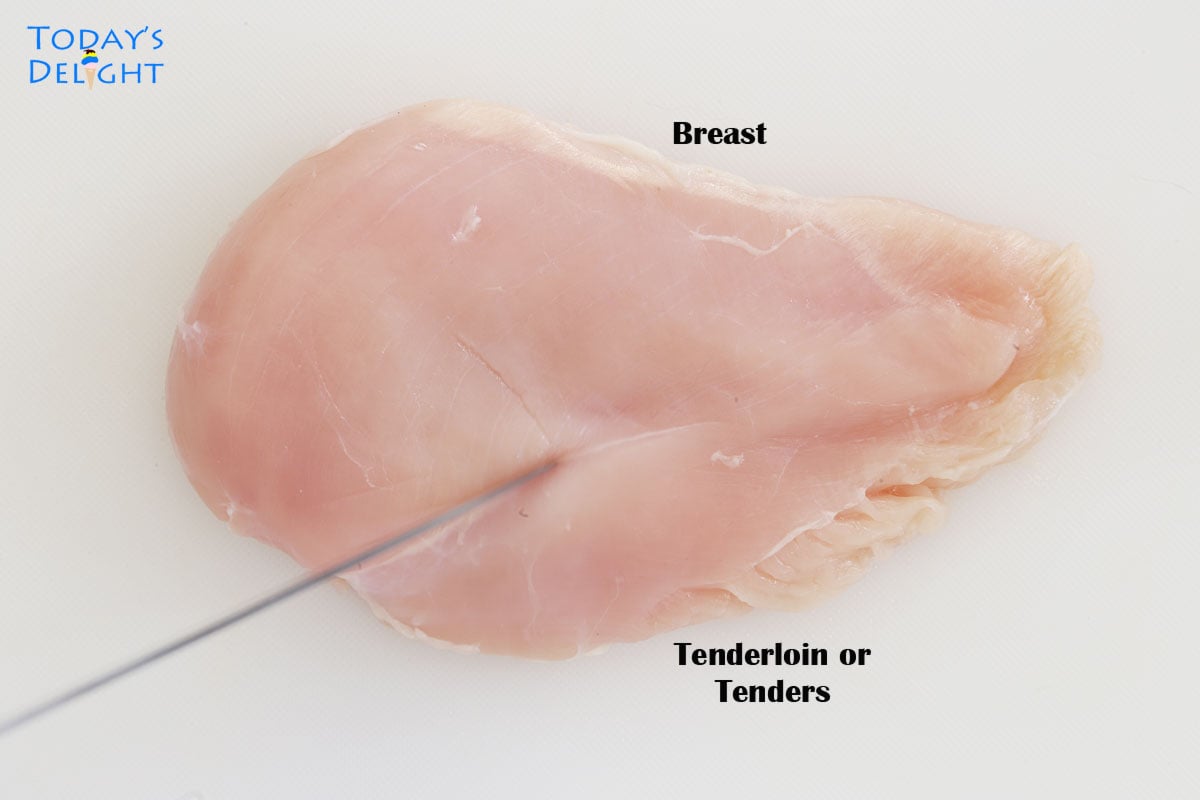 Chicken breast with knife pointing to the chicken tenders.