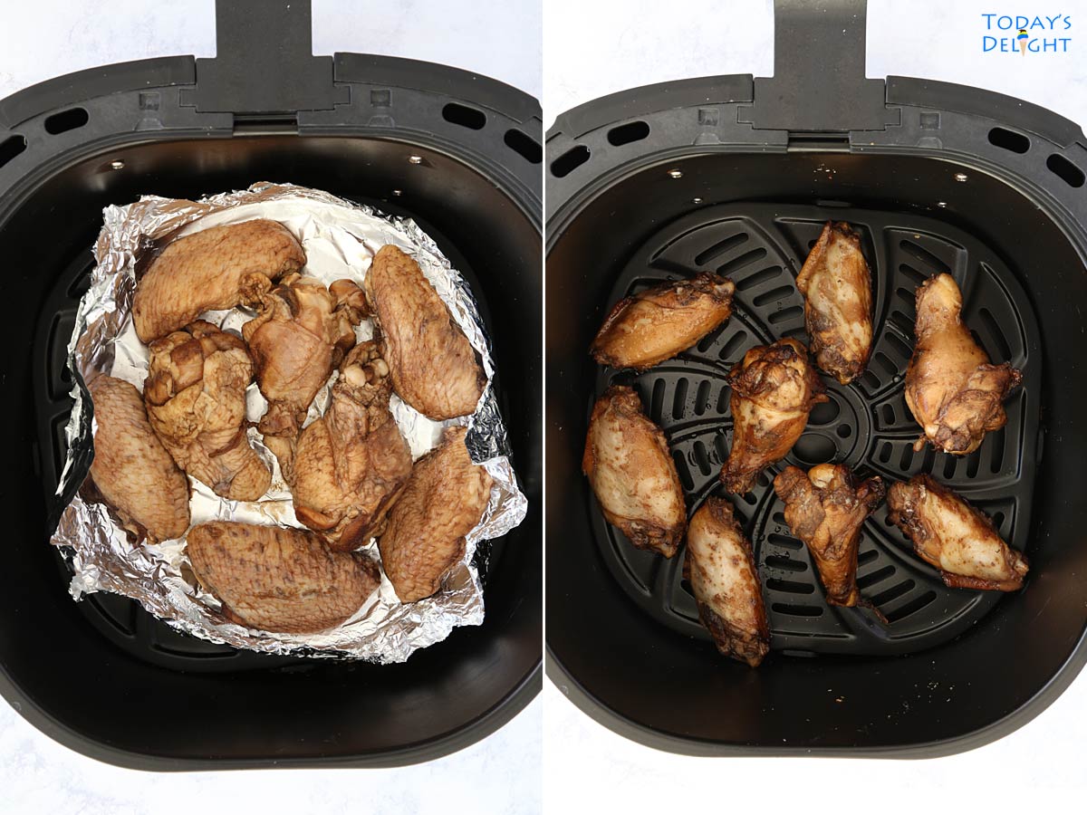 Initially chicken wings is cooked in foil for 10 minutes then wings are transferred directly in the basket.