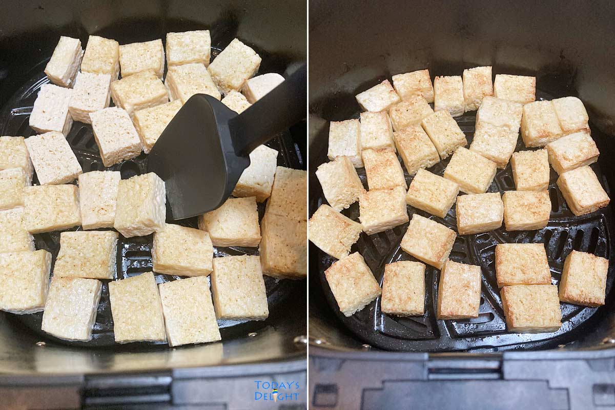 First image show turning tofu with spatula halfway through cooking and second image shows fully cooked tofu.
