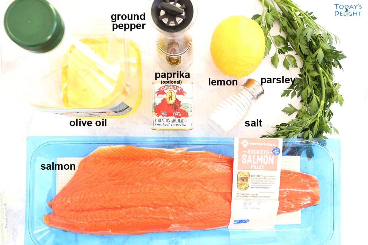 Ingredients to make lemon pepper salmon recipe.