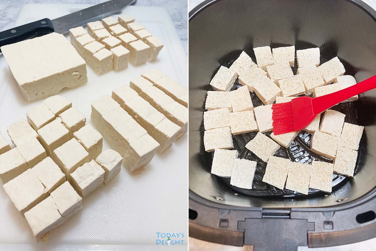 First image shows cutting tofu to smaller pieces and second image tofu in air fryer basket brushed with oil.