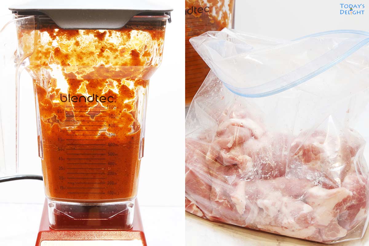 First image, marinade ingredients pureed in blender and second image, thinly sliced pork in a big zip lock bag.