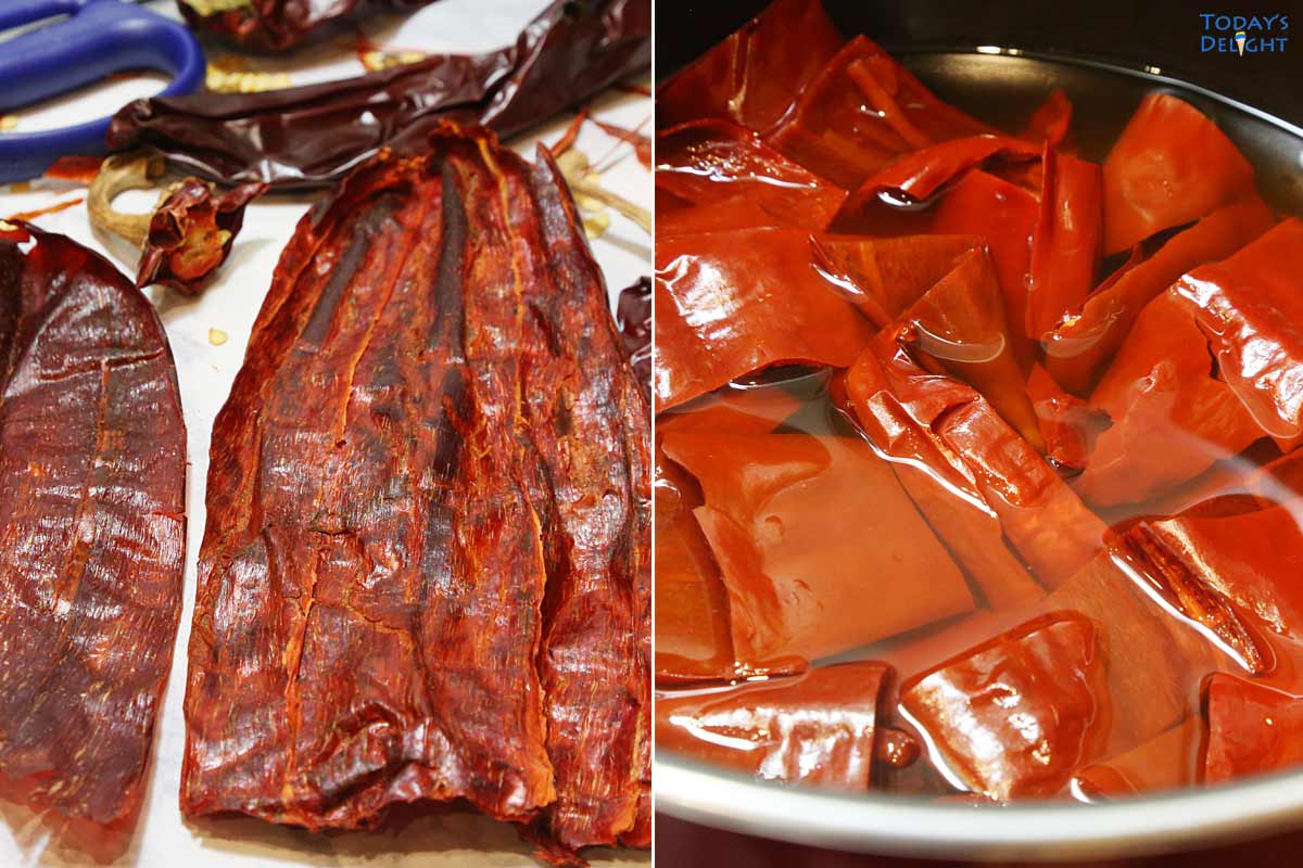First image shown cleaning and cutting the dried guajillo chiles then second image cut chiles boiled it in water.