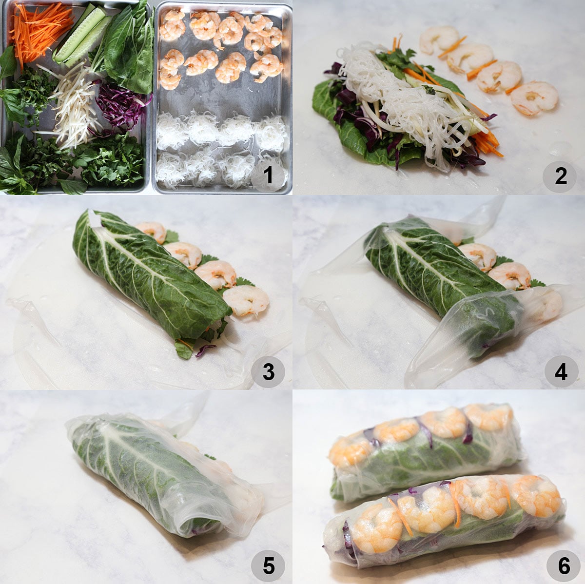 Diagram showing all the ingredients to make Vietnamese fresh spring rolls, how to arrange the ingredients on top of the rice wrapper and how to roll up the rice wrapper, and two finished dish.