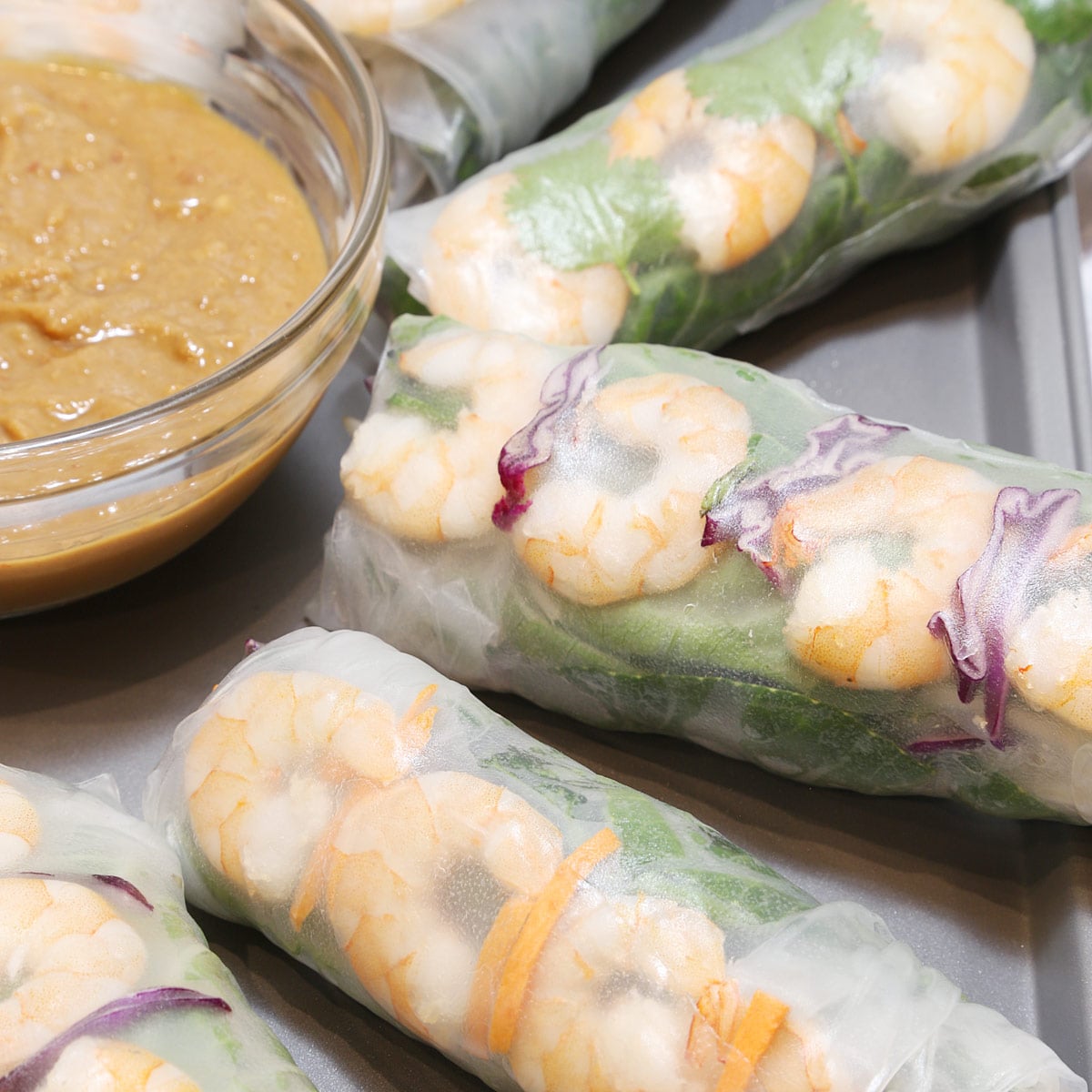 Vietnamese vegetables and shrimp spring rolls on a tray with a small bowl of peanut sauce.