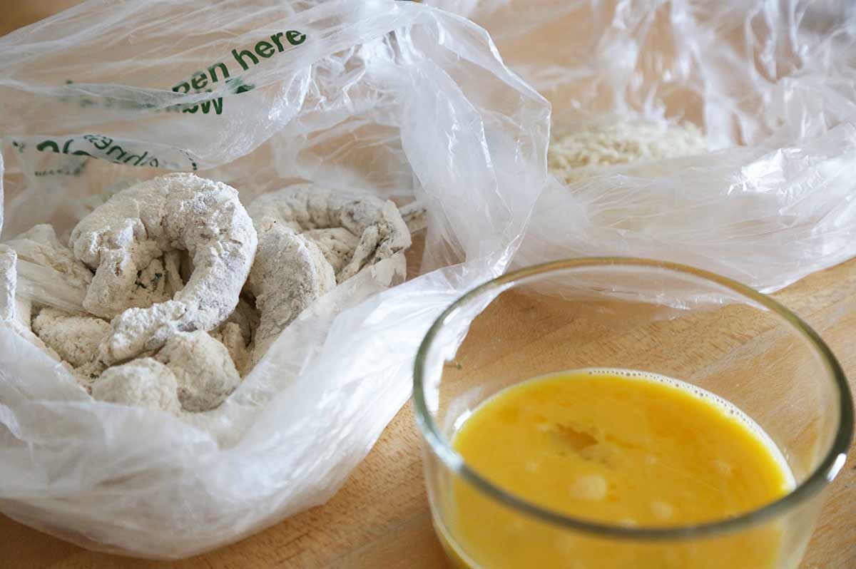 Breading for shrimp: first, shrimp is dredge in flour, then in a bowl of beaten egg and lastly in panko bread crumbs.